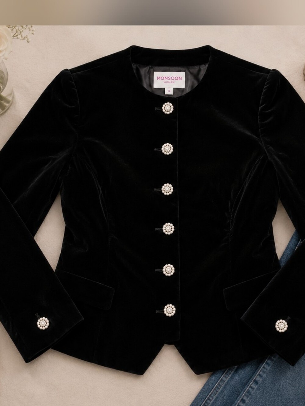 Vintage 80s 90s Chaus Black Velvet Blazer Women Size 6 Rhinestone Buttons Lined